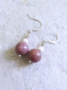 Mauve - Muted Pink - Genuine Rhodonite - Minimalist Drop Earrings - Casual Boho
